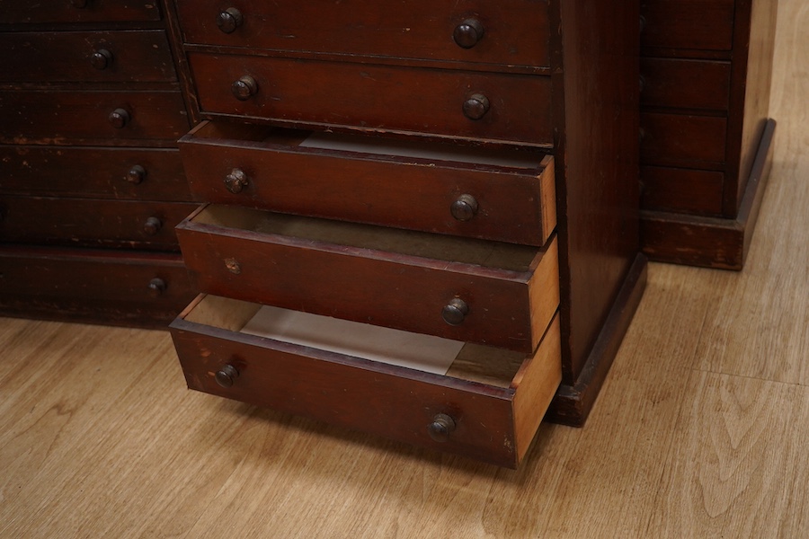 Four late 19th century stained pine collectors cabinets; two eight drawer cabinets and two six drawer cabinets, largest 45.5cm wide, 56cm high, 26.5cm deep. Condition - poor to fair.